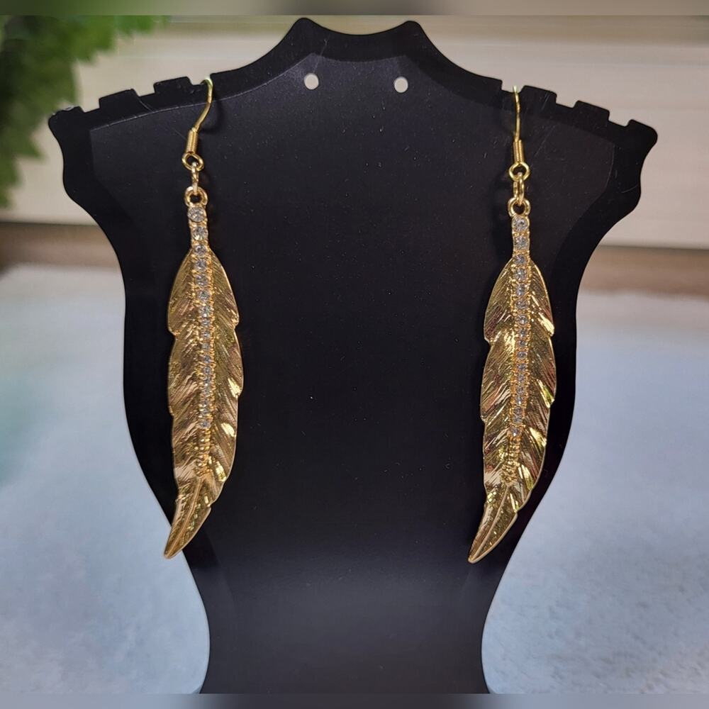 Feather and Rhinestone Statement Dangle Earrings / Pierced - Picture 3 of 6